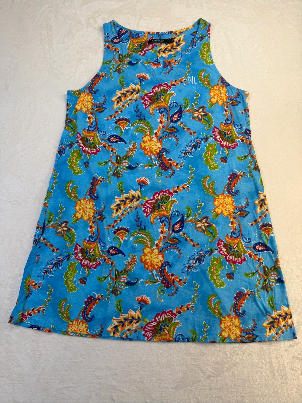 Lauren Ralph Lauren Blue Floral Paisley Cotton Shift Dress L RL Logo